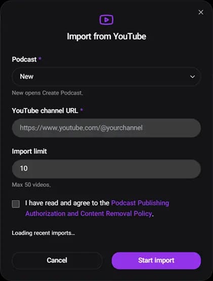 ایمپورت پادکست از YouTube